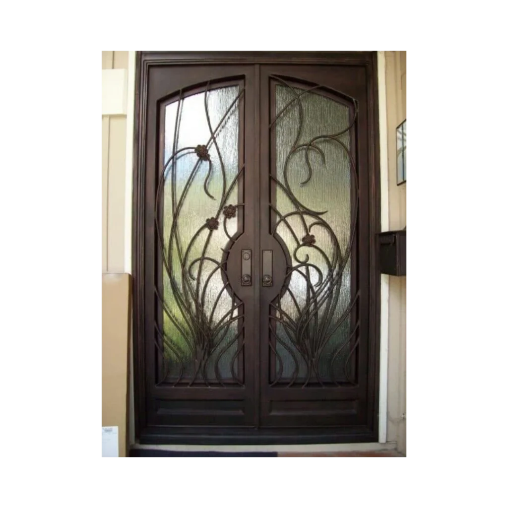 Garden-inspired double wrought iron door EL1127 MCD with flowing branch-like scrollwork and tall glass panels.
