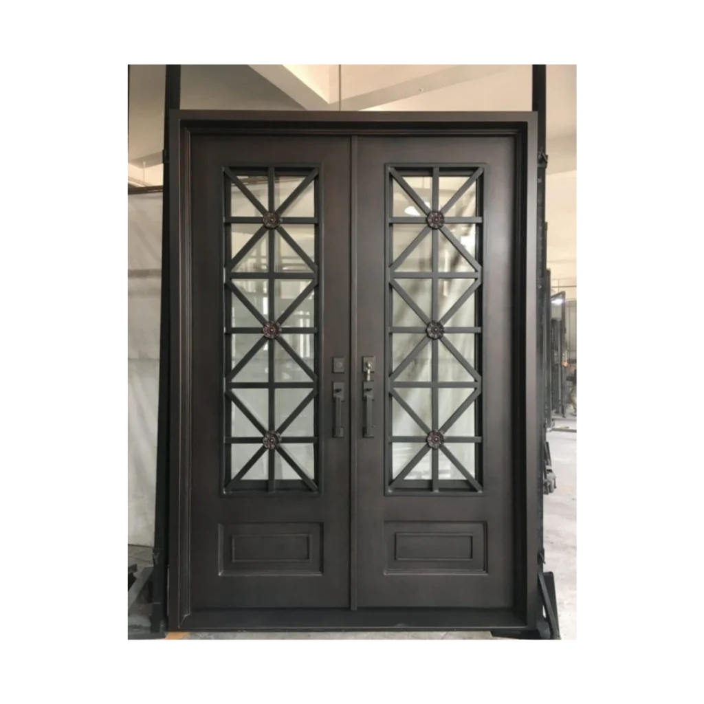 Double wrought iron door EL1130 MCD with geometric mullions, frosted glass panels, and solid lower panels.
