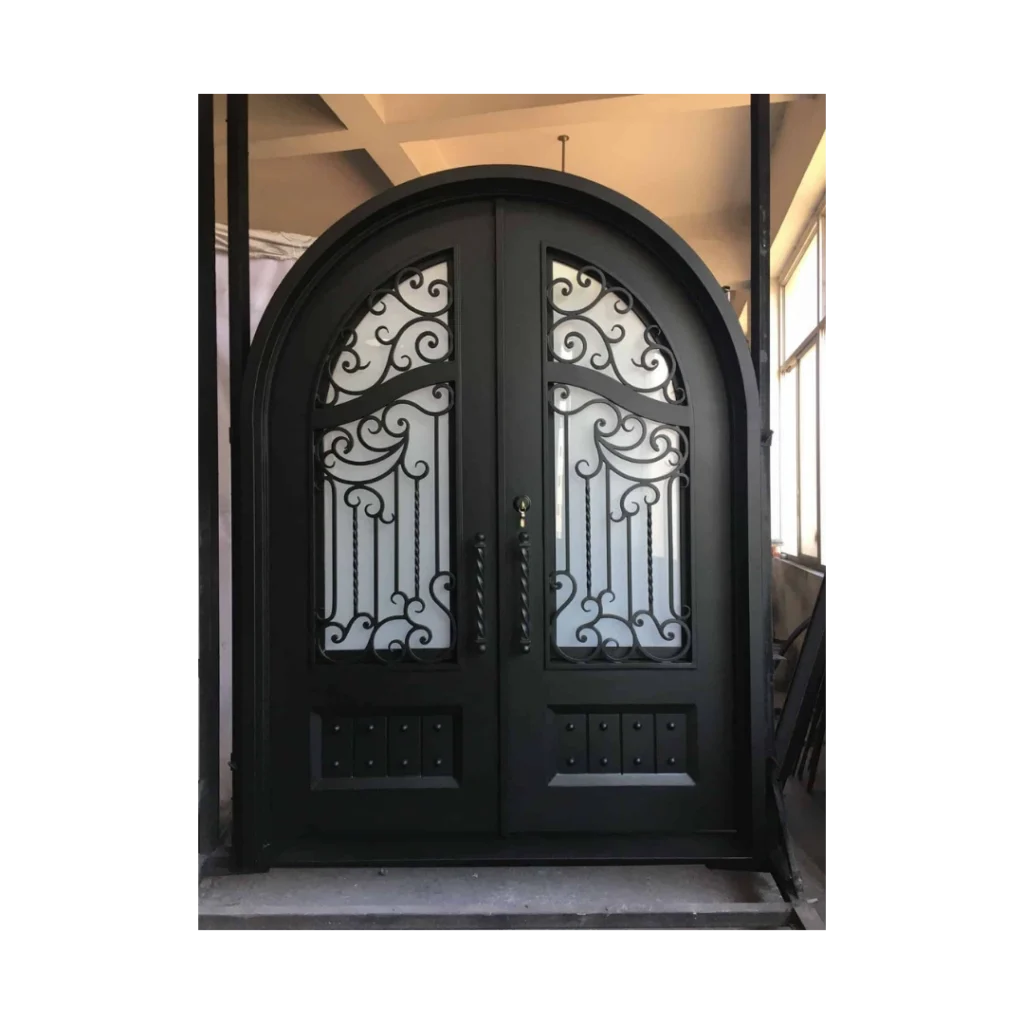 Double arched wrought iron door EL1134 MCD with symmetrical scrollwork, tall glass panels and solid lower panels.