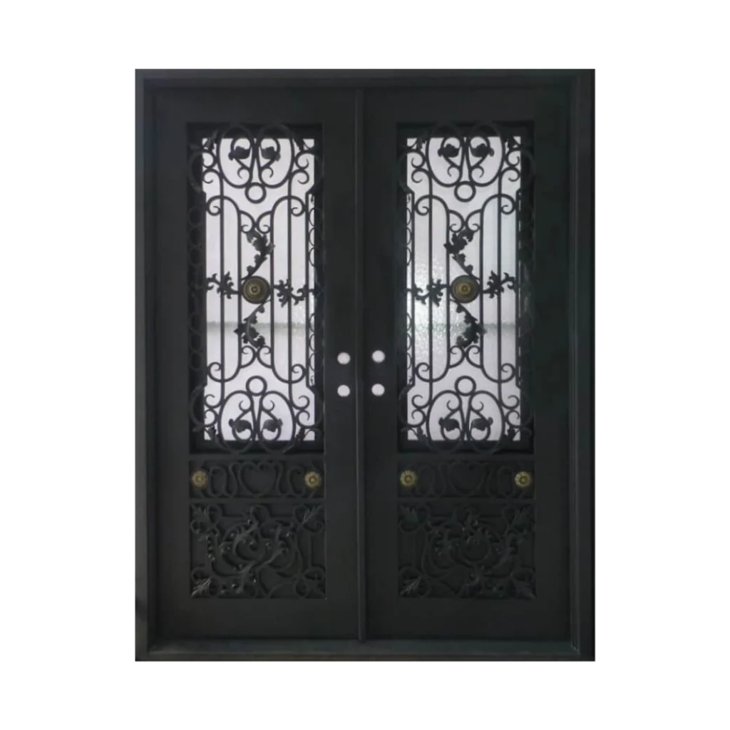 Ornate double wrought iron door EL1145 MCD with symmetrical scrollwork, rosette accents, narrow glass sections and decorative lower panels.