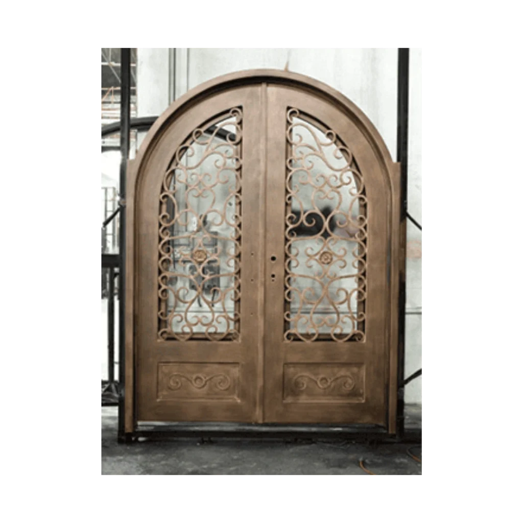 Double arched wrought iron door EL994 MCD with bronze patina finish and ornate scrollwork, hand-forged for luxury appeal.