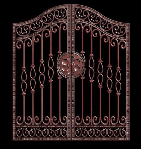 Decorative wrought iron gate with scrollwork and circular center medallion detail G120 MCD