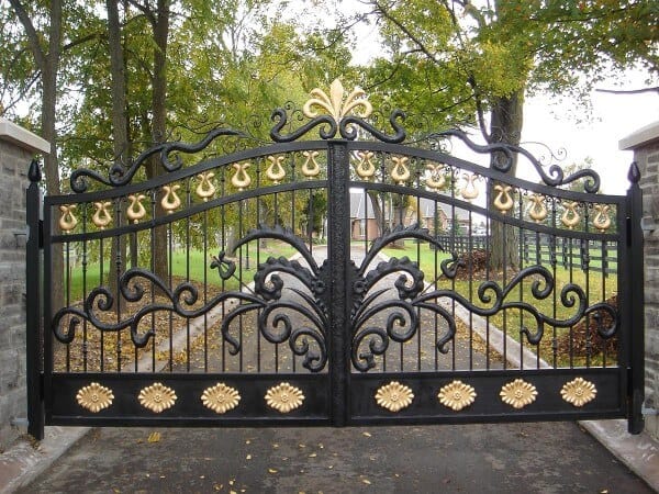 Decorative wrought iron gate with gold accents and ornate scrollwork detailing G123 MCD