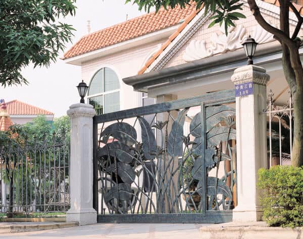 Artistic wrought iron gate with botanical leaf design and modern steel detailing G122 MCD