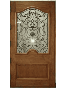 wood entry door iron scroll glass EH605 MCD