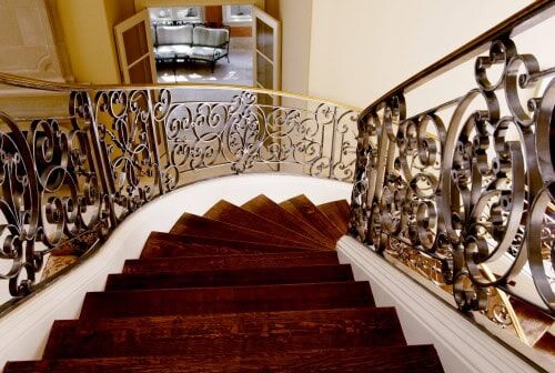 ornate scrollwork curved wrought iron staircase railing luxury design R106 MCD