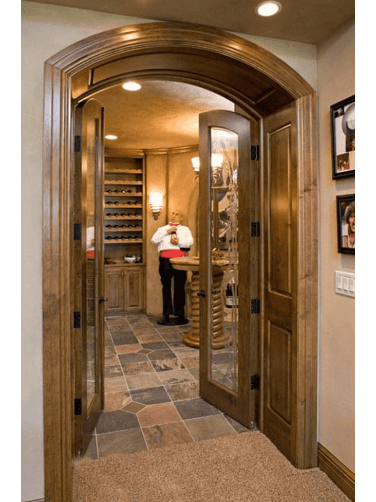 Arched wood wine cellar door with clear glass panel WD4012 MCD
