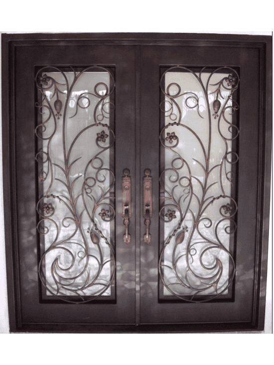 Ornate wrought iron door EL1158 MCD with floral scrollwork, hand-forged for artistry and secure elegance.