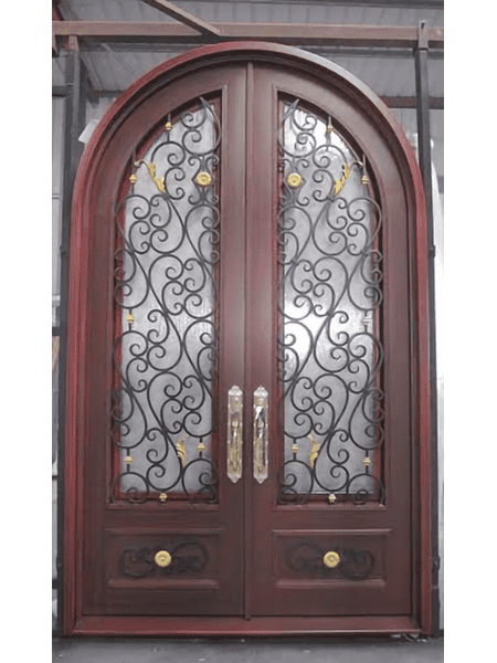 Double arched wrought iron door EL1077 MCD with ornate scrollwork and red frame, handcrafted for elegance and strength.
