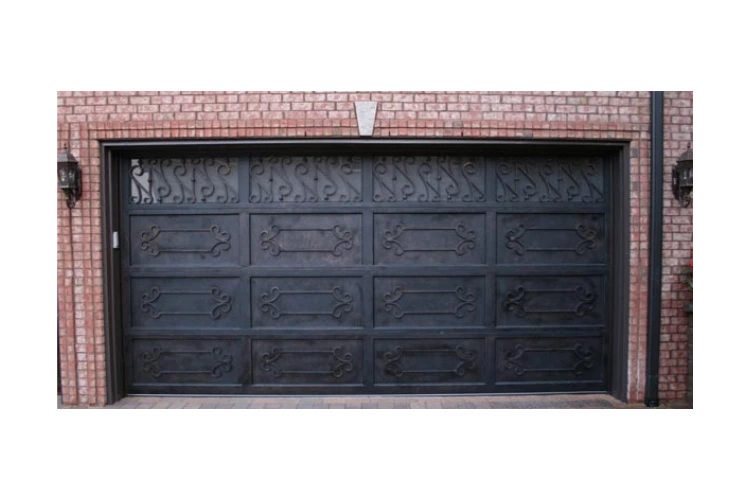 intricate scroll work iron garage door GD4001 MCD with decorative iron panels and glass section by Monarch Custom Doors