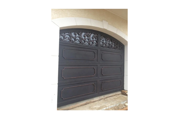 paneled wrought iron garage door GD4002 MCD with decorative scrollwork and glass panels by Monarch Custom Doors