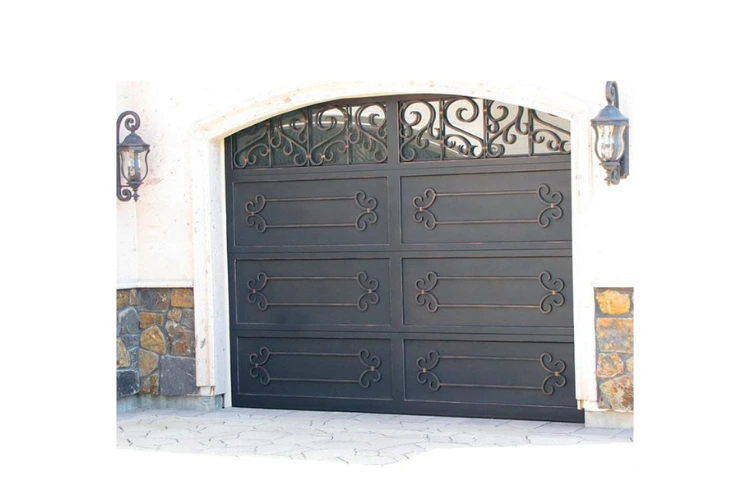 Wrought Iron Garage Door GD4003 MCD with arched scrolling panel design by Monarch Custom Doors