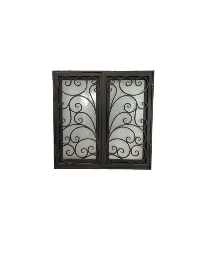 Double wrought iron window with symmetrical scrollwork LW154 MCD Monarch Custom Doors