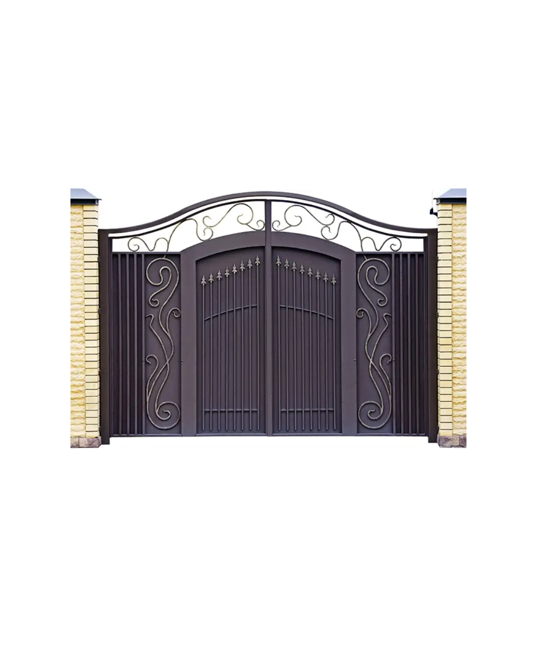 Modern wrought iron gate with privacy panels and decorative scroll accents G148 MCD