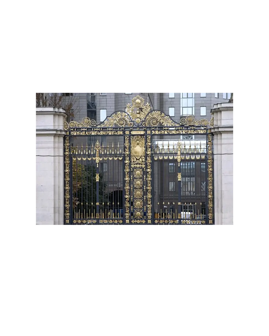 Luxury wrought iron gate with ornate gold detailing and royal crest styling G157 MCD