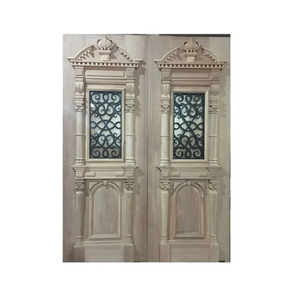 classical double hand-carved wood door with iron inserts HCD2005 MCD