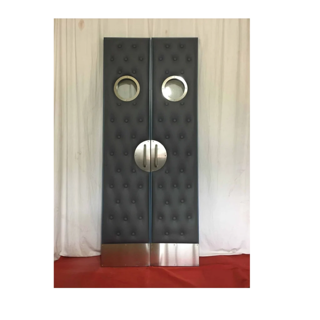Modern black soundproof home theater door with dual portholes and stainless steel trim – HT3005 MCD