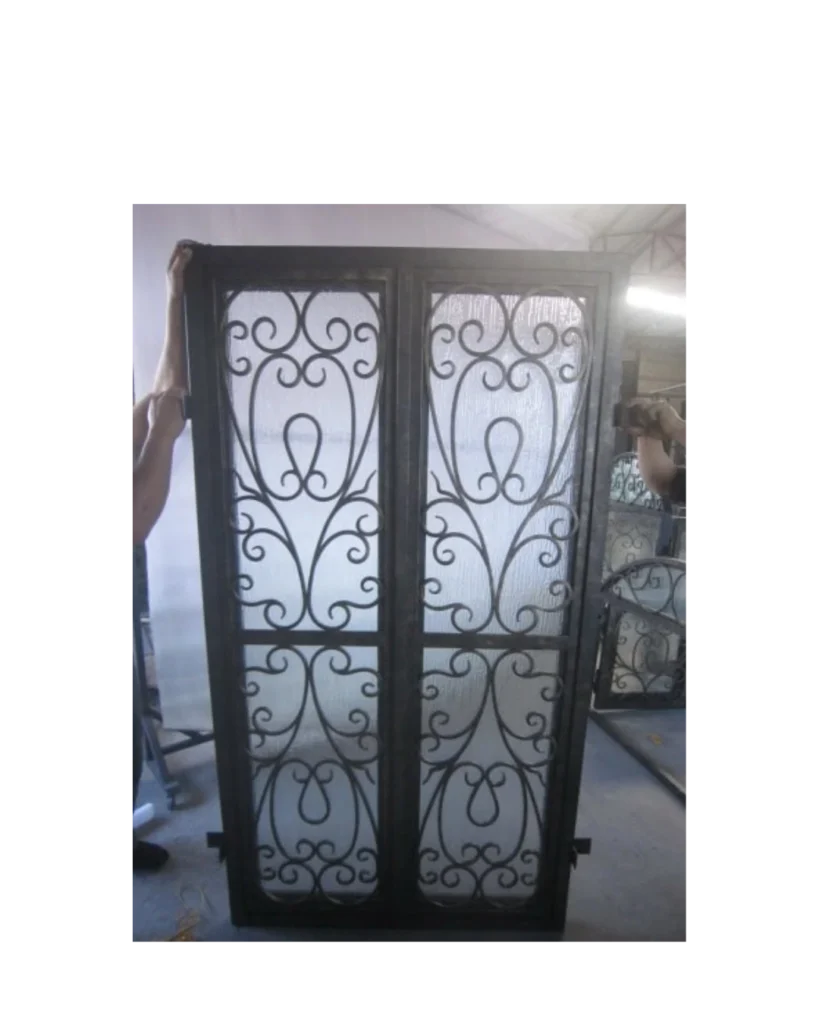 Tall wrought iron window with scrollwork and glass panels LW108 MCD Monarch Custom Doors