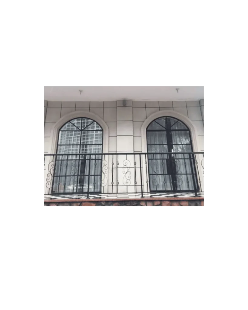 Twin arched wrought iron window set with glass LW143 MCD Monarch Custom Doors