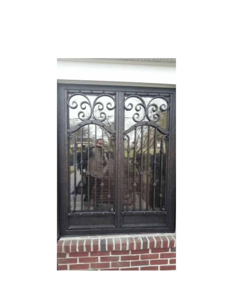 Arched wrought iron window with twin panels and scrollwork LW116 MCD Monarch Custom Doors