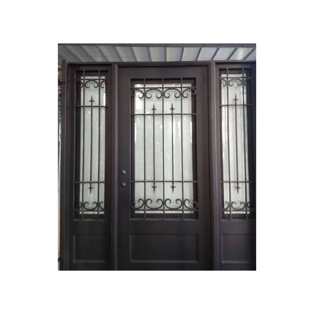Old World Style Iron Door with Sidelights EL1191 MCD with sidelights and vertical scroll bars, crafted for balanced entry design.