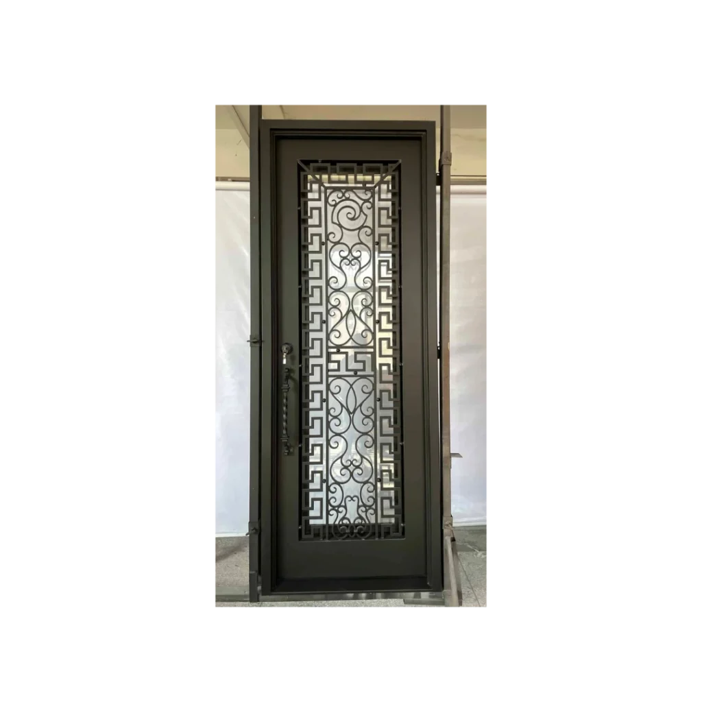 Geometric grille wrought iron single door with insulated glass insert, EL1384 MCD
