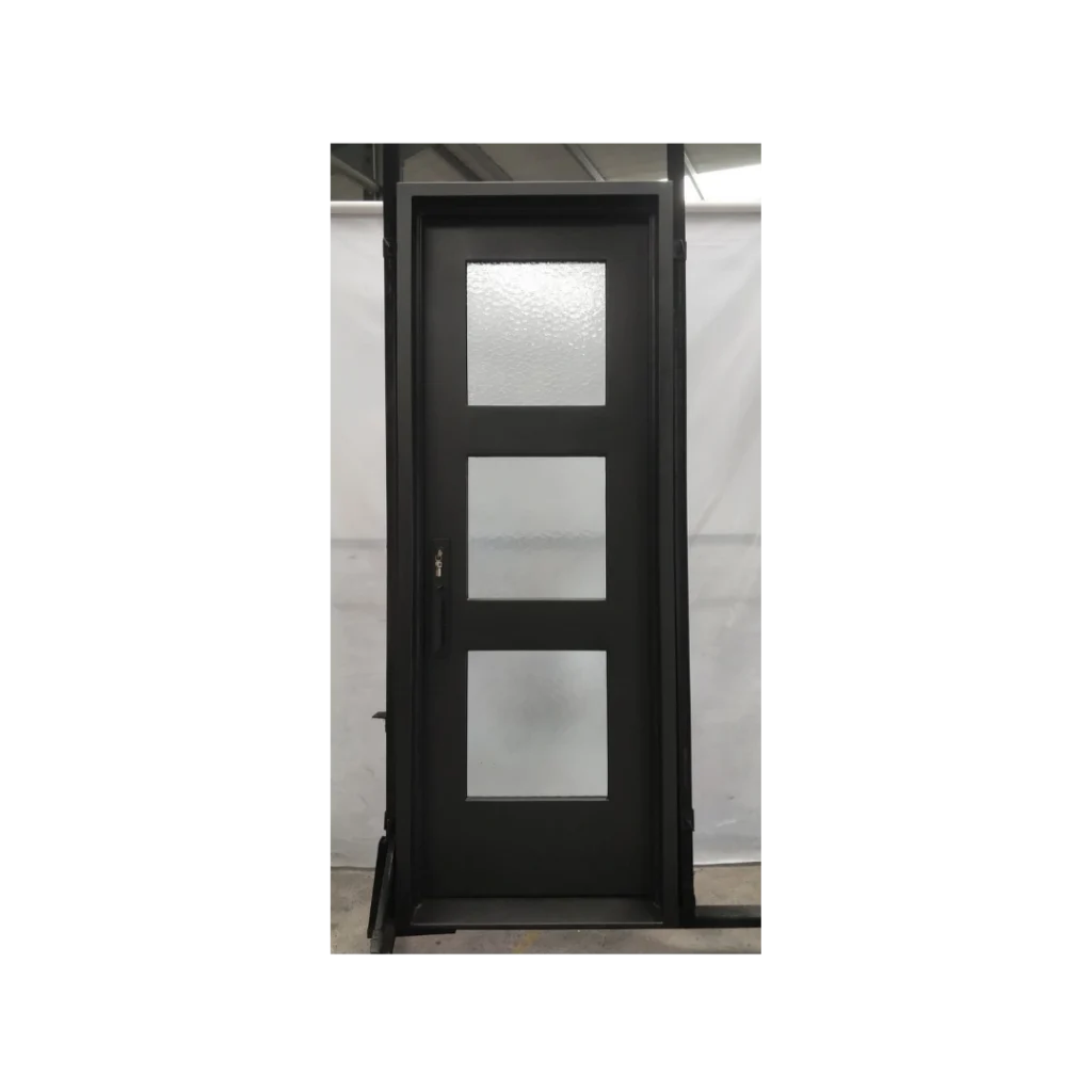 Modern wrought iron single door with frosted glass panel lites, EL1388 MCD
