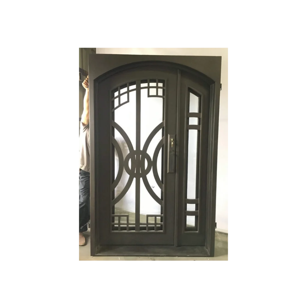 Radius top wrought iron single door EL1414 MCD with modern iron grille