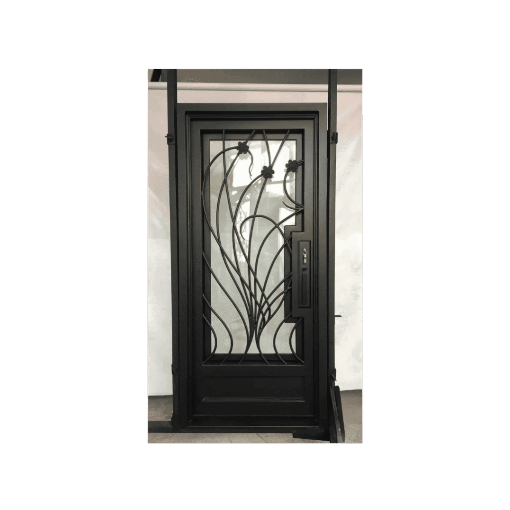 Contemporary wrought iron single door EL1438 MCD with vertical scroll pattern and glass panel