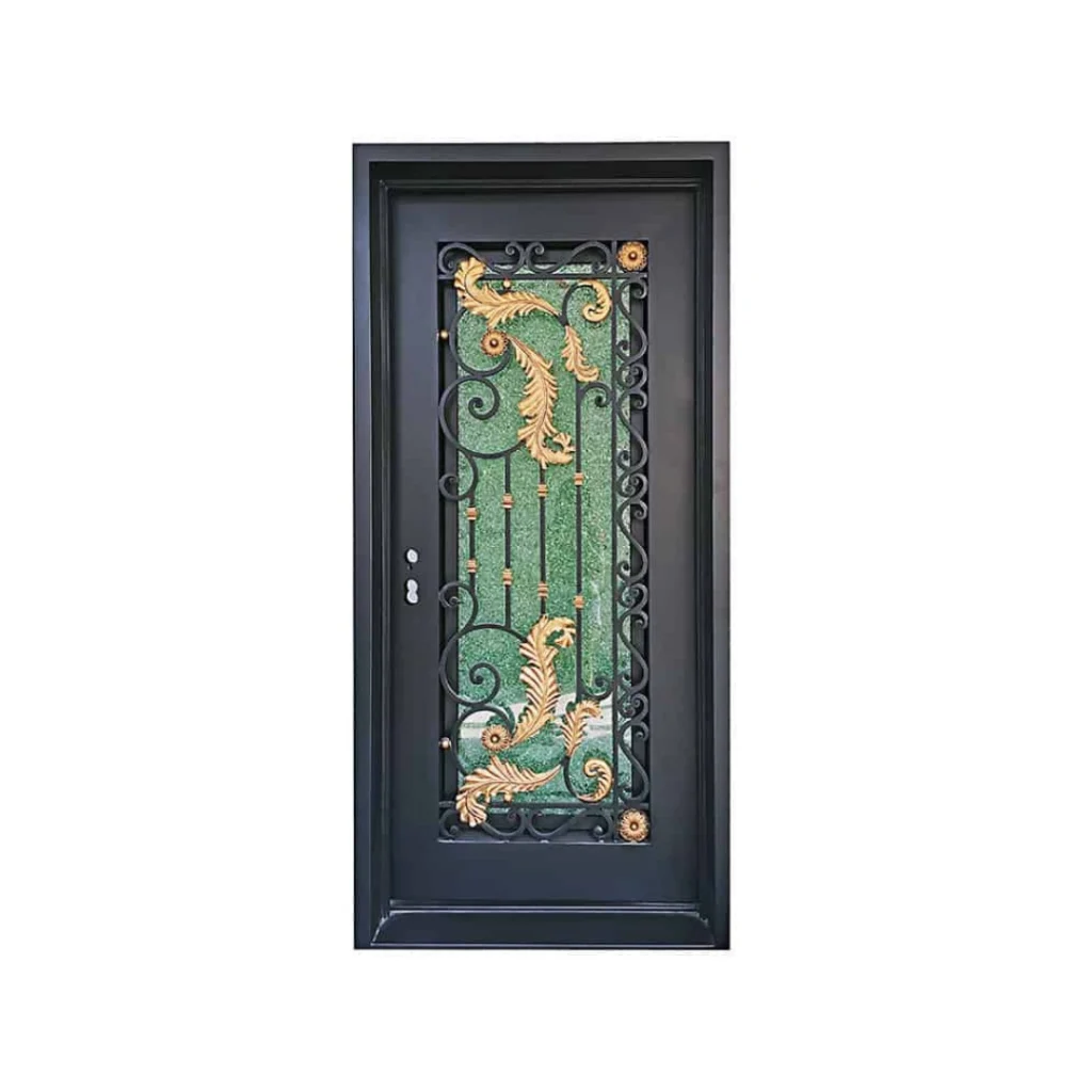 EL1593 MCD single wrought iron door with gold leaf scroll grille and insulated textured glass panel