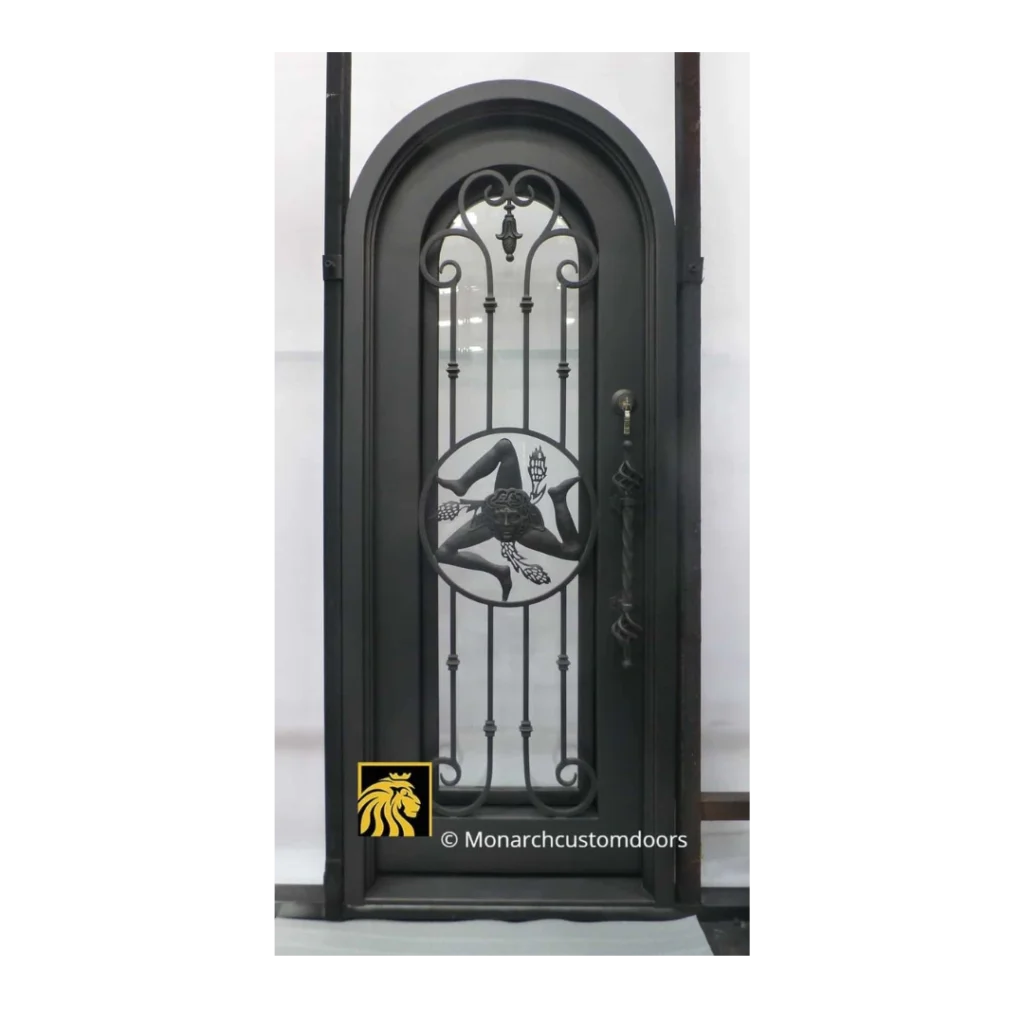 Arched iron wine cellar door with circular medallion and vertical bars WD4005
