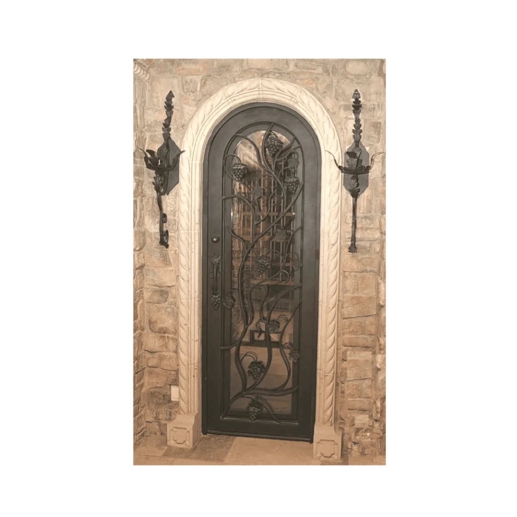 Arched iron wine cellar door with ornamental shield and vinework WD4018 MCD