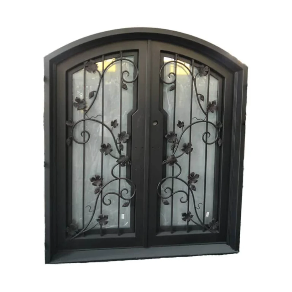 Double arched iron wine cellar door with blended vine scrolls WD4025 MCD