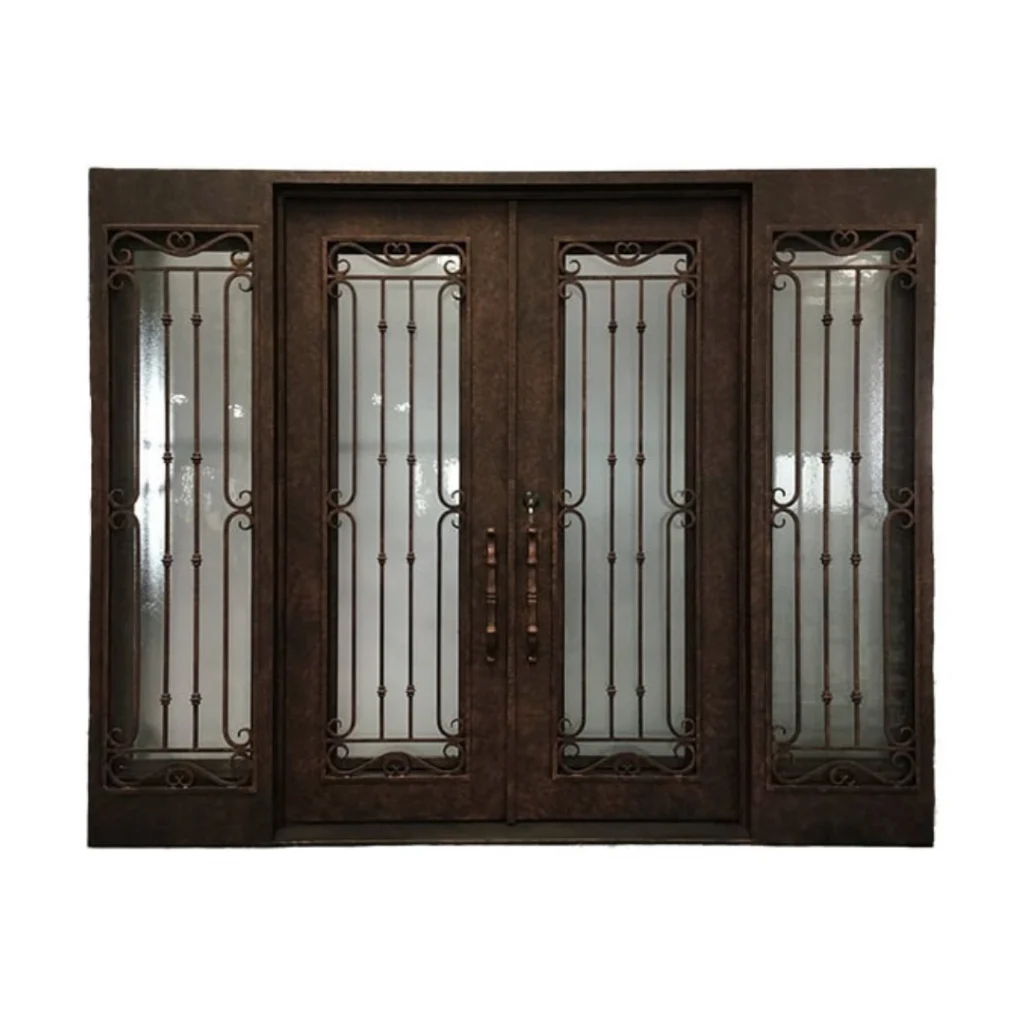 Exclusive double wrought iron door EL1185 MCD with sidelights and patina finish, designed for luxury entryways.