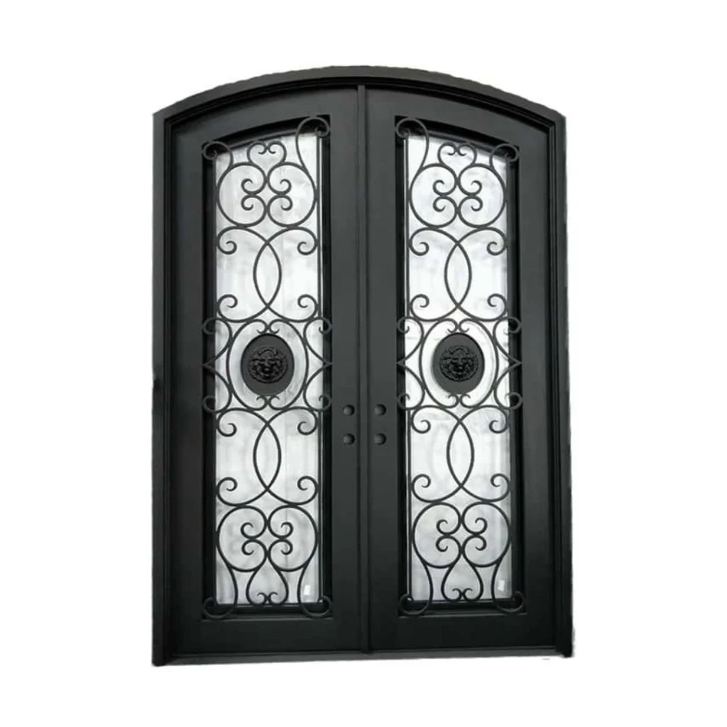 Classic wrought iron door with lion head double door EL1187 MCD with rosettes and beveled glass, handcrafted for classic villas.