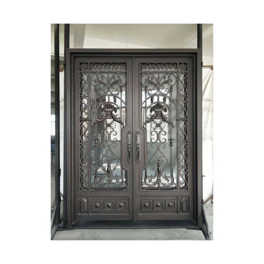 Ornate Double Wrought Iron Door with Scroll and Panel Base – EL1206 MCD