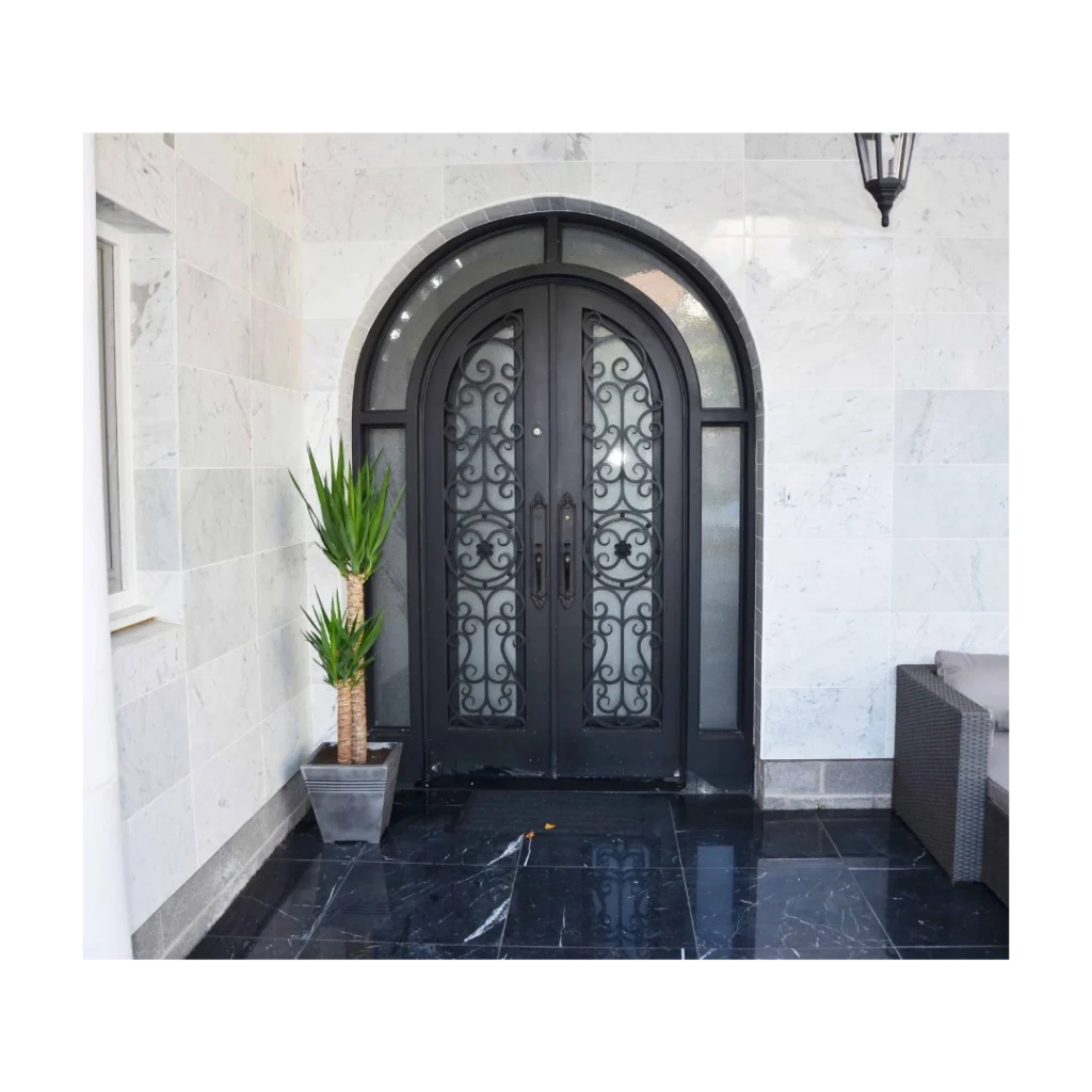 Arched wrought iron double door with decortive scroll glass EL1266 MCD
