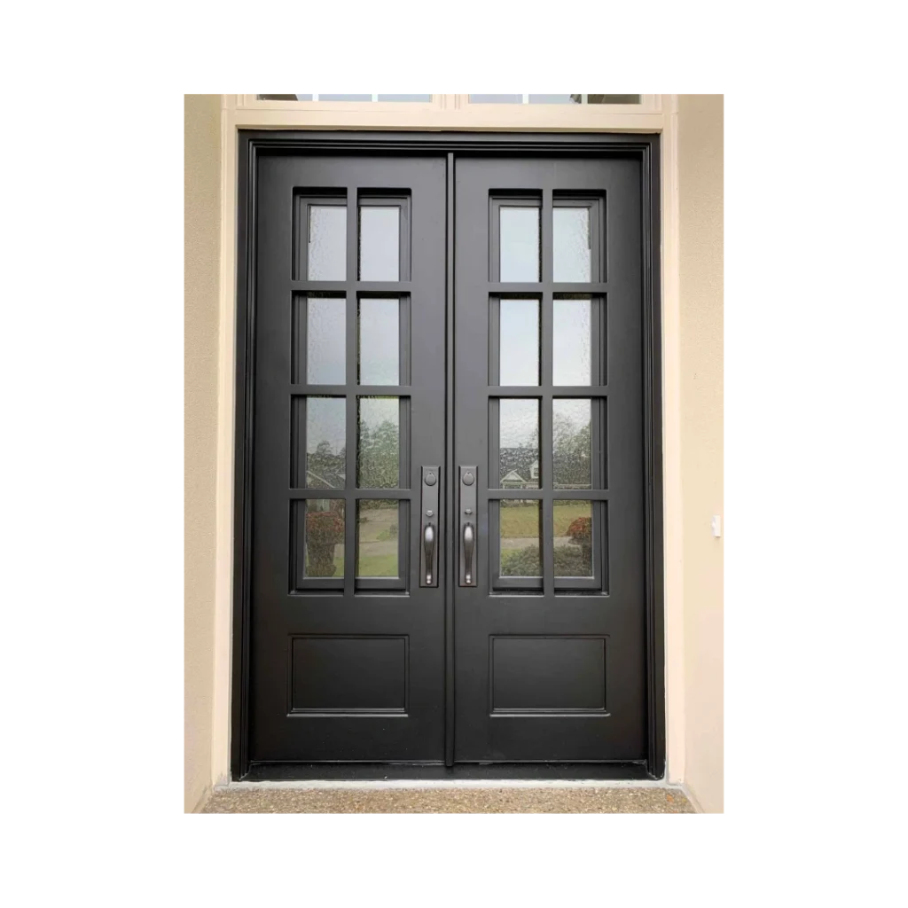 Modern double wrought iron door with clean glass grid EL1293 MCD