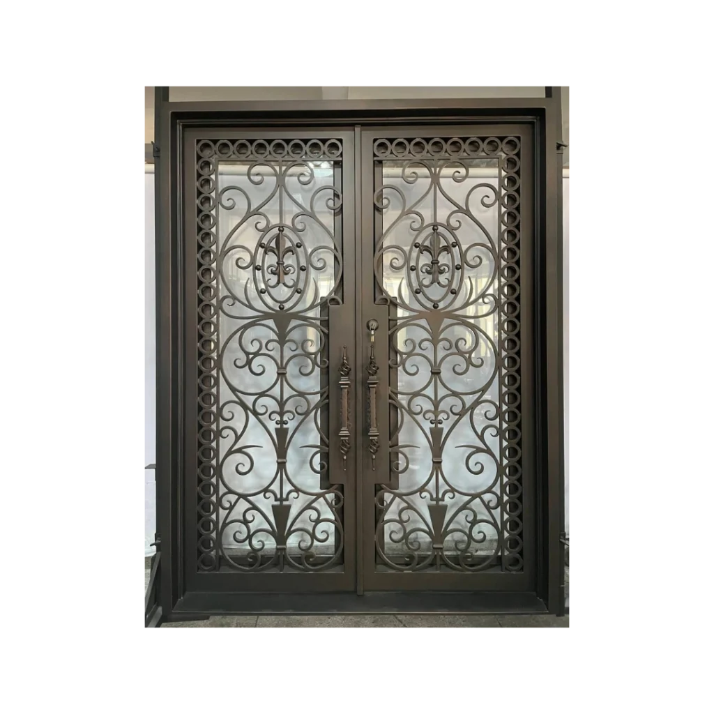 Ornate wrought iron double door with decorative scroll grille and glass panels EL1303 MCD
