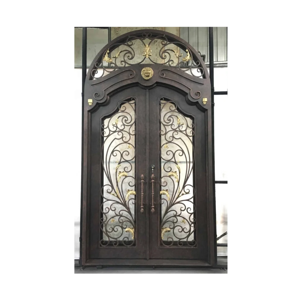 Grand arched wrought iron double door with ornate scrollwork EL1315 MCD