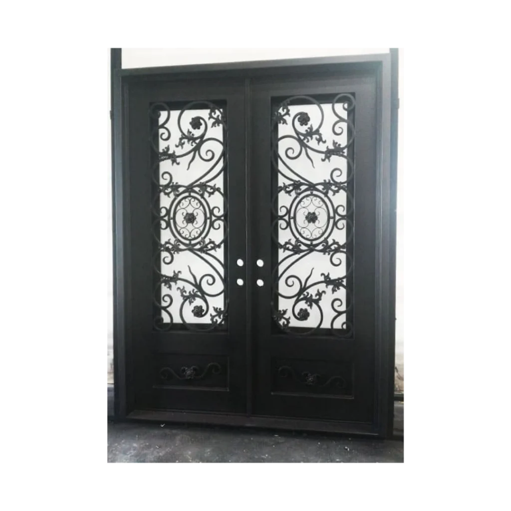 Ornate scrollwork wrought iron double door with insulated glass grille, EL1377 MCD