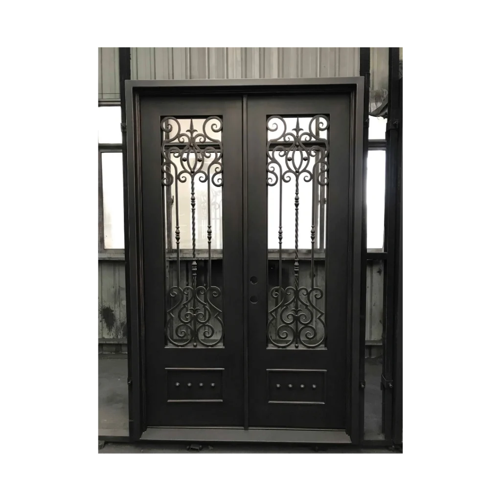 Wrought iron double door with vertical grille design and insulated glass, EL1393 MCD
