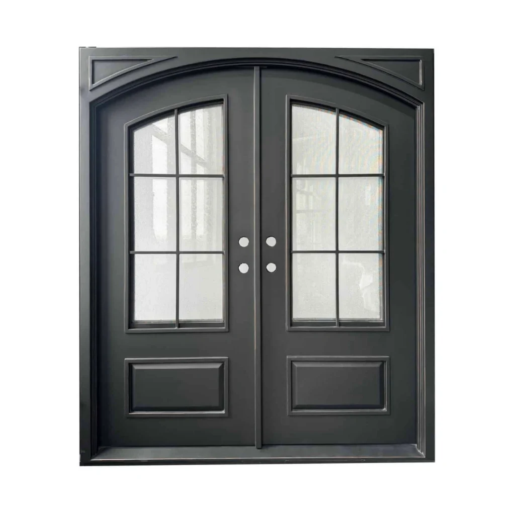 Modern wrought iron double door EL1444 MCD with divided glass lites and flat top frame