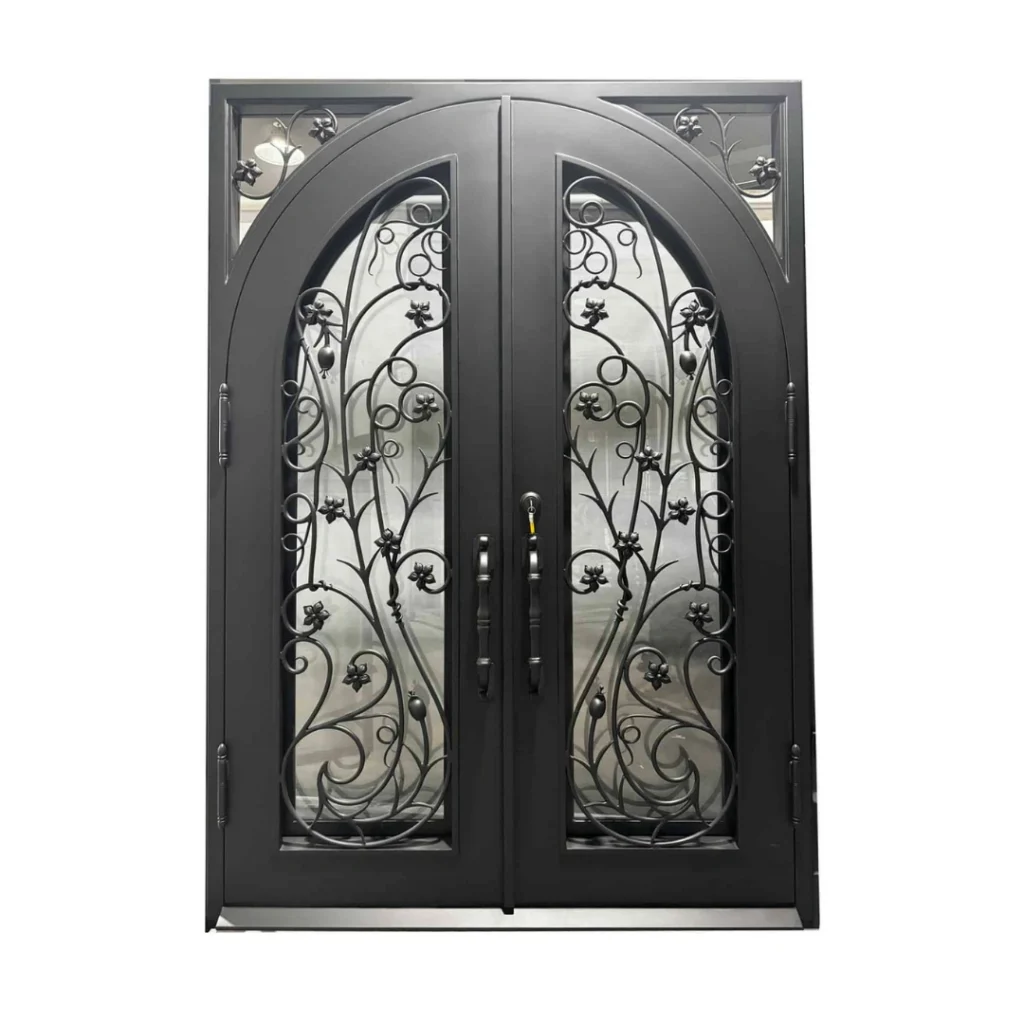EL1465 MCD full arch wrought iron double door with vine scrollwork and insulated glass panels