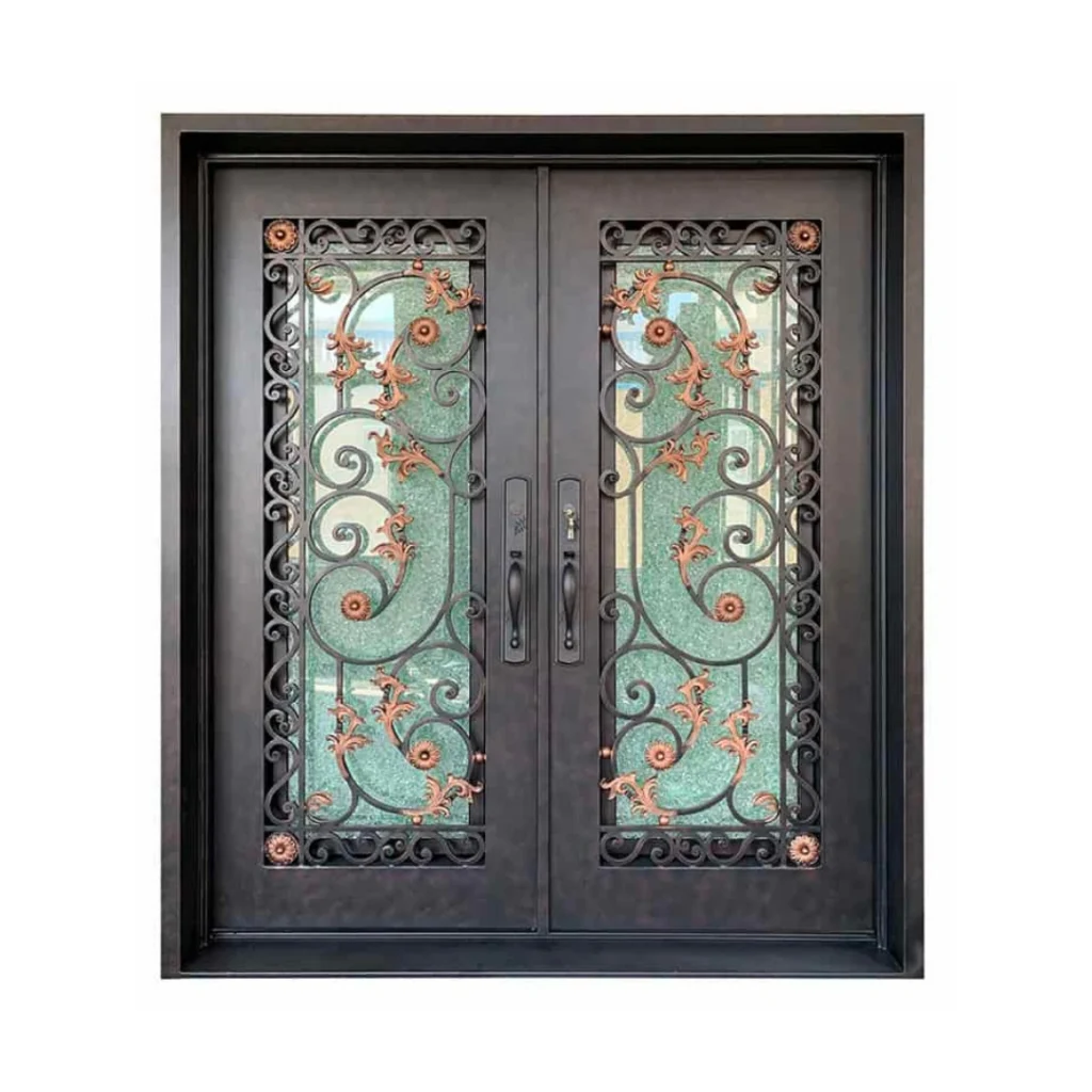 EL1590 MCD double wrought iron door with spiral scrollwork, bronze accents and insulated textured glass panels