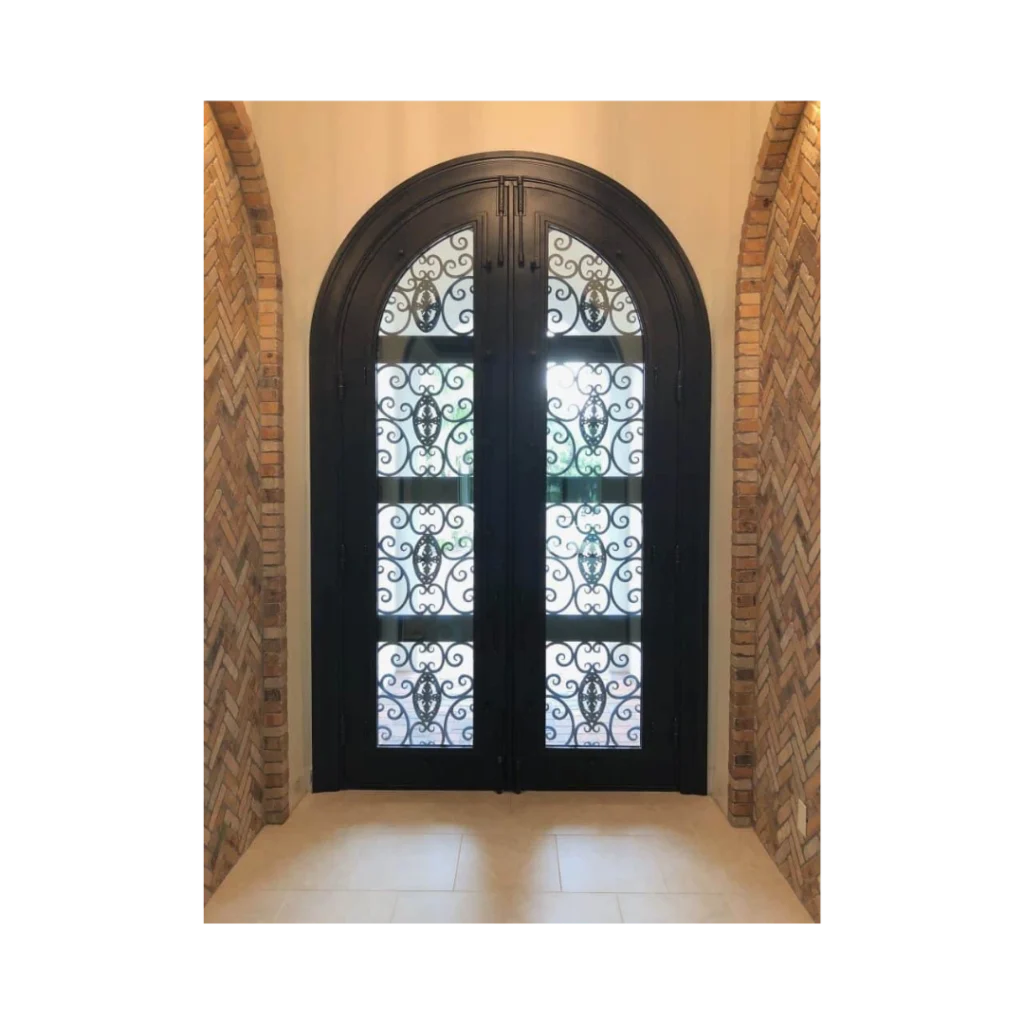 EL5058 MCD arched double wrought iron door with segmented scroll grille panels and insulated glass