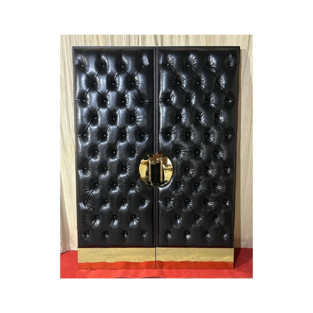 Black tufted double home theater door with gold trim and center handles – HT39 MCD