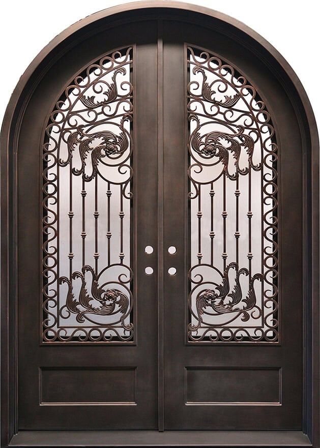 Double arched wrought iron door EL1061 MCD with scrollwork, offering strength, artistry, and timeless entryway elegance.