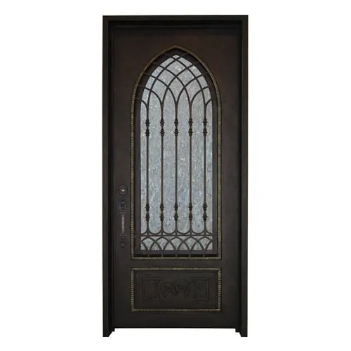 Single arched wrought iron door EL1076 MCD with gothic lattice glass, handcrafted for durability and elegance.