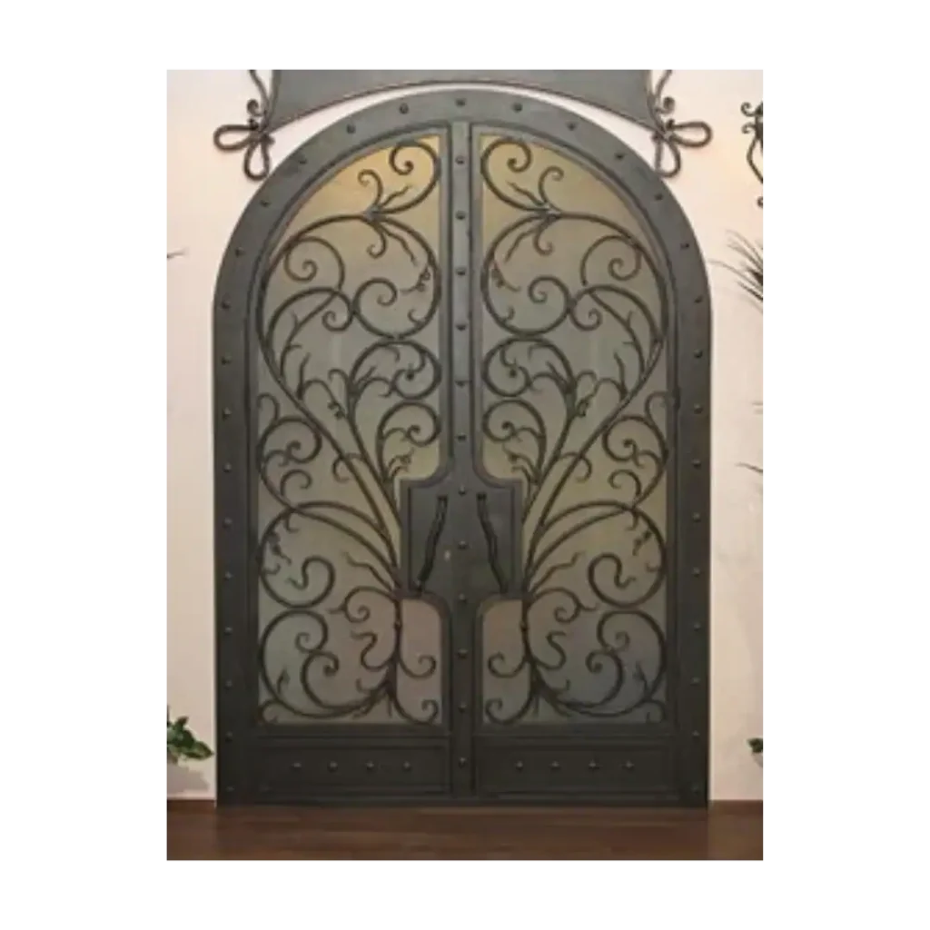Double wrought iron door EL5000 MCD with arched scrollwork and glass panels, handcrafted for elegance and strength.